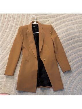 ZARA Camel Single-Button Long Blazer
